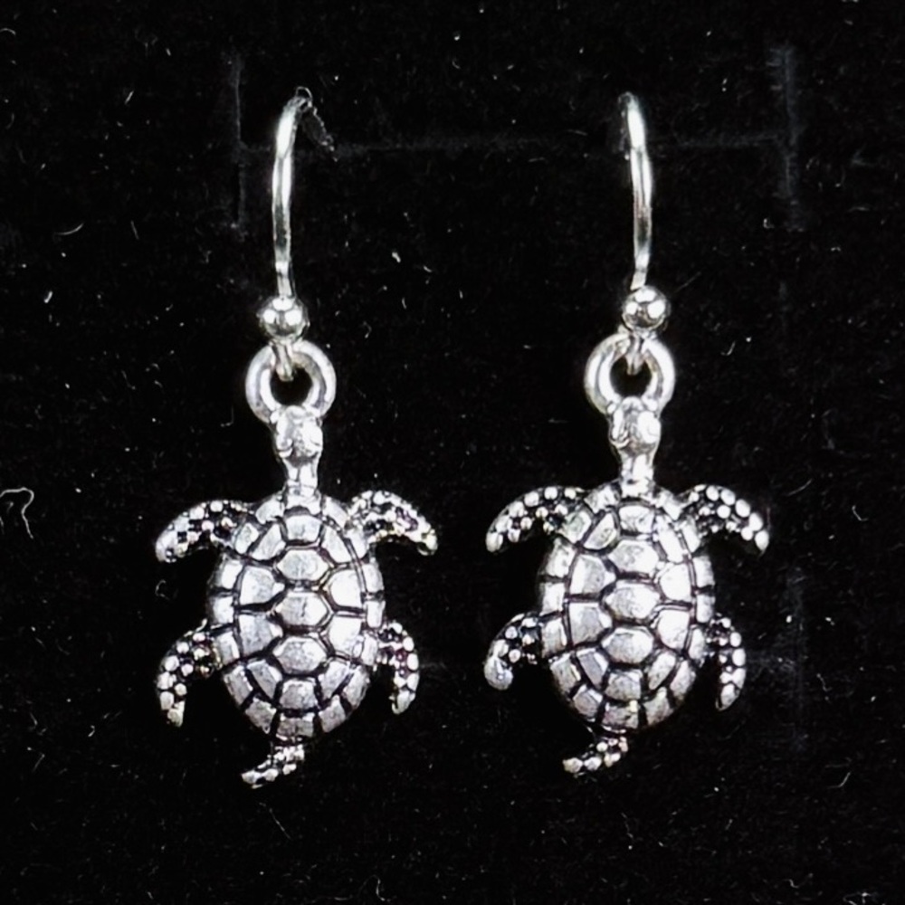 Silvertone Tiny Etched Turtle Pierced Earrings - image 2